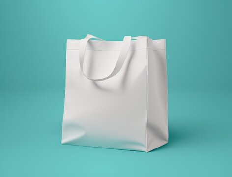 Empty white tote bag mockup isolated on cyan light blue background, blank realistic shopping sac sample cut out concept for design, studio shot generative Ai