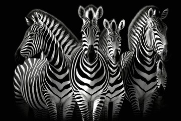 Fototapeta na wymiar Wild Zebras In Black And White, With Their Distinctive Barks Standing Out Against A Pitch Black Background. Generative AI