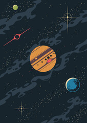 Universe Retro Style Astronomy Background. Solar System Planets Illustration