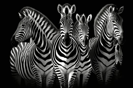 Wild Zebras In Black And White, With Their Distinctive Barks Standing Out Against A Pitch Black Background. Generative AI