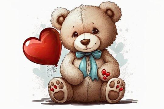 Isolated on white, a cute teddy bear with a crimson heart. Party in honor of St. Valentine. Generative AI