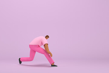 The black man with pink clothes.   He is doing exercise.  3d rendering of cartoon character in acting.