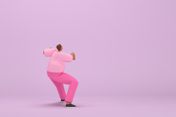 Fototapeta na wymiar The black man with pink clothes. He is pulling or pushing something. 3d rendering of cartoon character in acting.