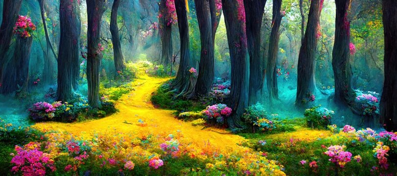 Enchanting ancient fantasy forest woodland meadow, bright vivid spring season colors, green mossy grass, vibrant flowers in bloom, ancient tall trees - high detail generative ai.