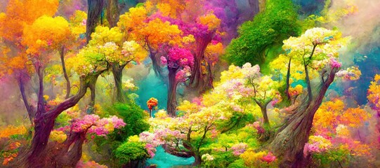 Enchanting ancient fantasy forest woodland meadow, bright vivid spring season colors, green mossy grass, vibrant flowers in bloom, ancient tall trees - high detail generative ai.