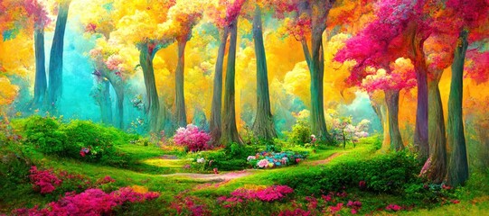 Enchanting ancient fantasy forest woodland meadow, bright vivid spring season colors, green mossy grass, vibrant flowers in bloom, ancient tall trees - high detail generative ai.