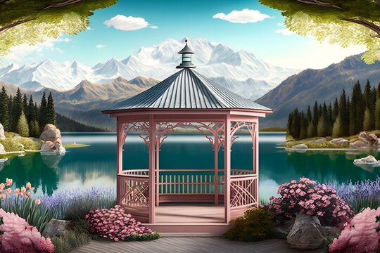 Beautiful view of the lake and mountains from the blooming garden. Poster design. Gazebo with a fountain, Generative AI