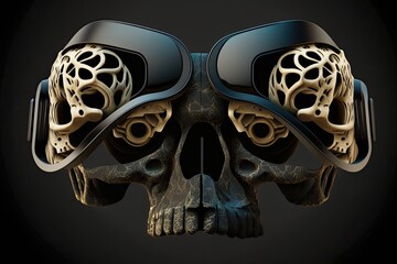 Skull equipped with a pair of VR goggles. Illustration for virtual reality Design based on a skull. Generative AI