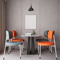 Blank picture frame mockup on a wall in dining room. View of dinner table with chair