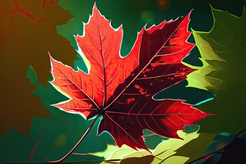 Fototapeta premium Sunlight makes a red maple leaf shine in autumn. Close up of fallen leaves in a city park. Comfortable natural backlighting. Generative AI