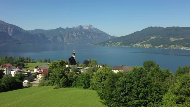 aerial view of steinbach am attersee with schafberg,austrian region salzkammergut,travel photography by drone,