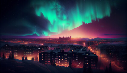 Multicolored northern lights (Aurora borealis) in the sky over a city, generative ai illustration