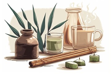 Up close of bamboo sticks in a bottle, a candle, and a cup of tea sitting on a marble table. Domestic odors. Aromatherapy. Life in the apt. Generative AI - obrazy, fototapety, plakaty