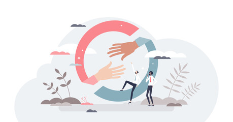 Hands helping or giving support with united collaboration tiny person concept, transparent background. Reach business partner with strong solidarity and trustworthy illustration.