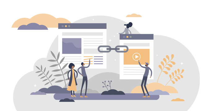 Link building as search engine optimization, SEO effective method tiny persons concept, transparent background.Hyperlink connection between online websites illustration.