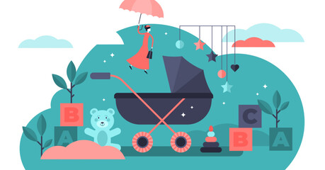 Babysitter illustration, transparent background. Flat tiny children nursery persons concept. Newborn toddler care and nanny occupation. Educational profession work with infant toys.