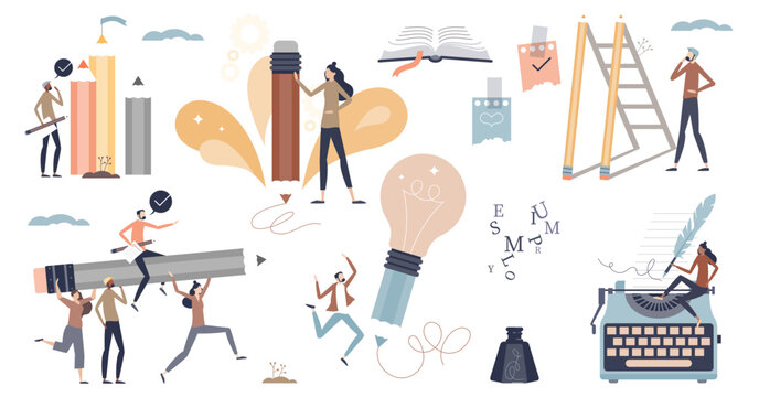 Creativity writing skills and imagination work tiny person collection set, transparent background. Artistic poetry, novels and script development elements with mini scenes illustration.