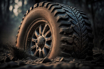Fototapeta na wymiar Drawing SUV tire has been mired in the mud. Offroad tire. Generative AI