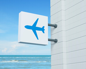 Naklejka na ściany i meble Airplane icon on hanging white square signboard over tropical sea and blue sky with white clouds, Business transportation service concept, 3D rendering