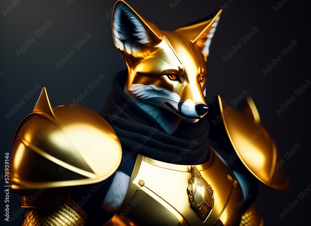 Wall mural closeup portrait of a male humanoid fox wearing heavy gold combat armor, realistic illustration of wise Vulpine animal standing like a majestic warrior ready for a battle, Generative Ai