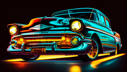 illustration of a bright old car from the 60's, Generative AI.