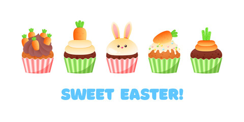 Sweet Easter greeting card template. Cute illustrations of funny sweet muffins decorated with bunny and carrots isolated on a white background. Vector 10 EPS.
