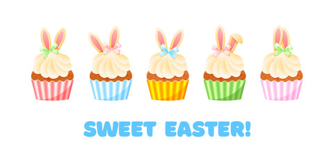 Sweet Easter greeting card template. Cute illustrations of funny sweet muffins decorated with bunny ears isolated on a white background. Vector 10 EPS.
