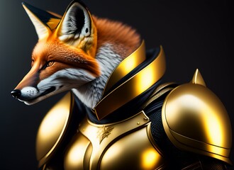 Fototapeta premium closeup portrait of a male humanoid fox wearing heavy gold combat armor, realistic illustration of wise Vulpine animal standing like a majestic warrior ready for a battle, Generative Ai
