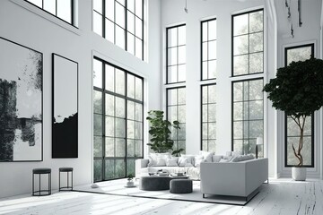 A mockup of a room with a minimalist modern design, a high ceiling, and lots of windows. Generative AI