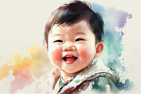 Portrait of an Asian child, capturing the beauty and grace of his features with delicate brushstrokes and vivid colors, generative ai