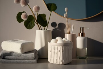 Towels, cotton pads, and cotton cosmetics sit atop a ceramic planter on a white table in a ceramic walled bathroom. Generative AI