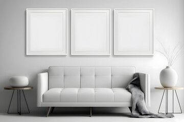 Modern Scandinavian Living Room with Blank Picture Frame Mockup and Three Square. Generative AI.