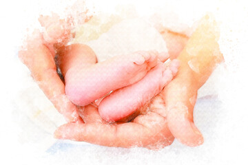 Fototapeta premium Watercolor baby feet in mother and father hands. Happy family concept. Beautiful conceptual image of parenthood