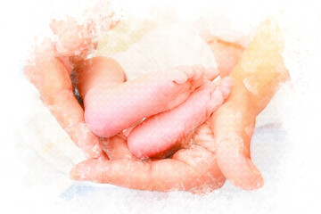 Watercolor baby feet in mother and father hands. Happy family concept. Beautiful conceptual image of parenthood