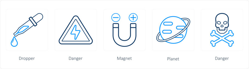 A set of 5 science icons as dropper, danger, magnet