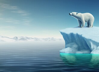 A polar bear sits on an iceberg in arctic waters, where a floating ice cap is now a result of climate change and melting glaciers. 3D rendering