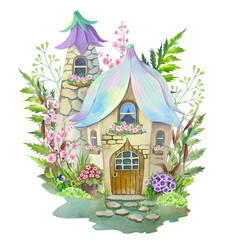Fairytale house flower fairy, watercolor illustration