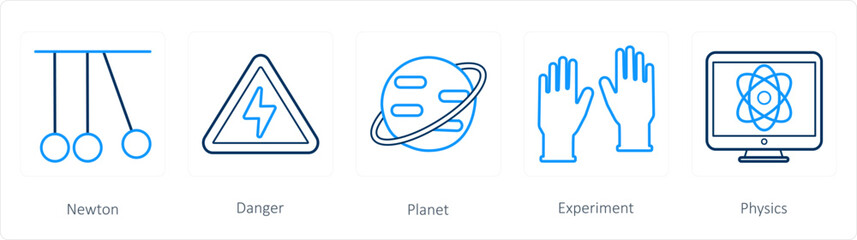 A set of 5 science icons as newton, danger, planet