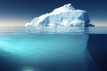 Fototapeta na wymiar Iceberg of Greenland floating in the arctic ocean with the underwater view in clear blue waters. Icebergs melting due to climate change and global warming, threatening life on earth. copy space
