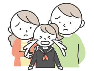 セーラ服を着た泣いている女子学生と彼女を心配する両親