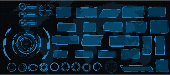 digital interface HUD elements set pack. User Interface, frame screens. Callouts titles, FUI circle set, Loading bars. Dashboard reality technology screen. Vector	