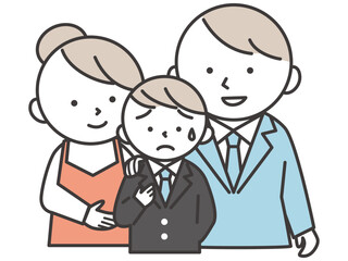 ブレザーの制服を着た不安そうな男子学生と彼を励ます両親