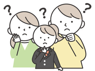 ブレザーの制服を着た悩んでいる表情の女子学生とその両親