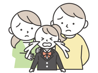 泣いているブレザーの制服を着た女子学生と彼女を心配する両親