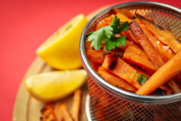Concept of tasty food, fried sweet potato, close up