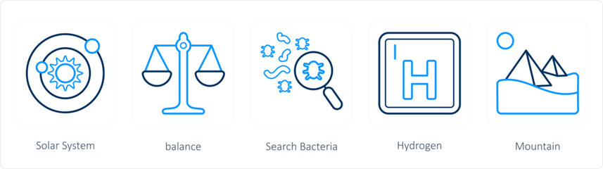 A set of 5 science icons as solar system, balance, search bacteria