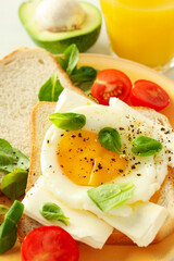 Concept of tasty breakfast with delicious food, close up