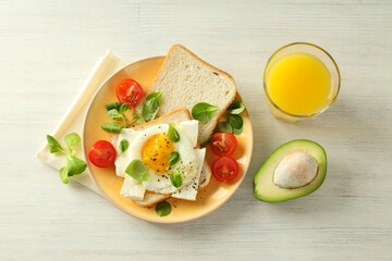 Concept of breakfast with tasty food, top view