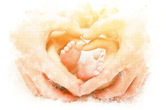 Watercolor baby feet in mother and father hands. Happy family concept. Beautiful conceptual image of parenthood