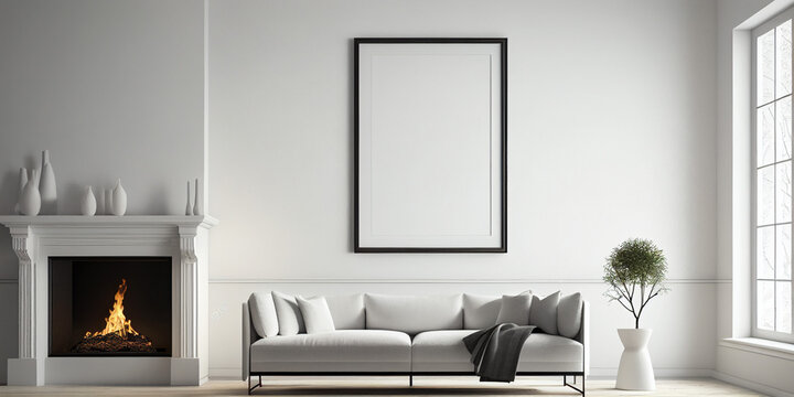 blank photo frame interior design with sofa fireplace in living room, generative AI.